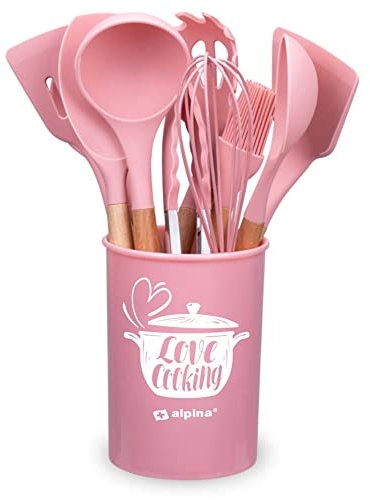 alpina Set di stoviglie da cucina con supporto, 12 pezzi, utensili in silicone con manico in legno, rosa