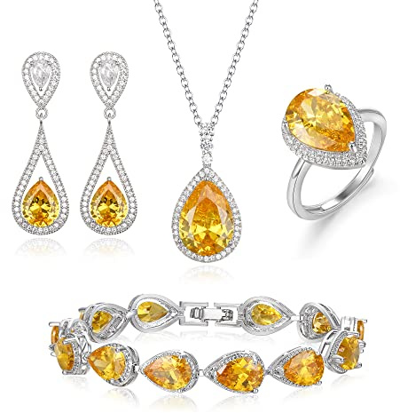 EVER FAITH Zirkonia Schmuckset für Braut Hochzeit Teardrop Statement Anhänger Halskette, Ohrringe, öffnen Ring und Tennis Armband Set Geschenk