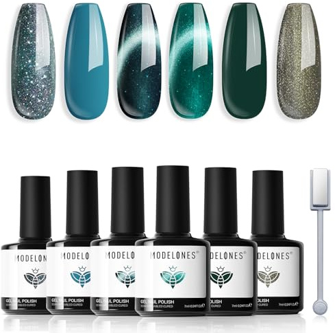 MODELONES UV Nagellack Magnetisch 6 Farben Grün Glitzer Blau Cat Eye UV Gel Nagellack mit Magnet, Soak Off Gel Polish Nageldesigns,Gellack für Anfänger Nail Art Salon