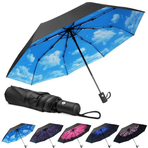 Aolso Reise-Regenschirm, 8-Rippen Winddichter Automatischer Klappschirm, Sturmfest, Automatisches Öffnen/Schließen, Tragbar für Männer und Frauen (Blau)