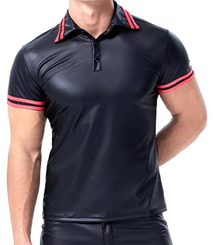 Herren Männer Wetlook T-Shirt Swingerclub Leder Nachtclub-Kostüm Leder-Optik Jacke Dessous Clubwear Party Enganliegendes Slim Fit Bluse Tops