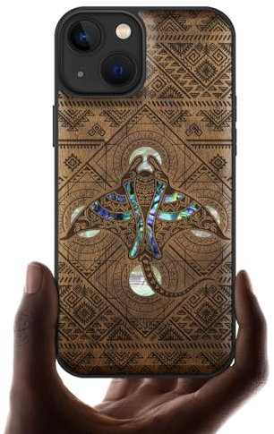 Carveit Étui Magnétique pour iPhone 13 Coque Luxe Cover [Bois et Incrustation de Coquille] Etui Compatible avec Apple 13 Magsafe Case (Noyer-Die Stammes-Manta-Rochen)