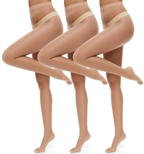 MANZI Zehenfreie Feinstrumpfhose Damen 10 Den Nylon Strumpfhose Ohne Zehen | Strumpfhose Ohne Fuss Ultra Transparent Weich Seidenglanz Hautfarbe Schwarz 3 Paar