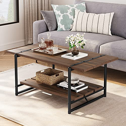 HAUSPROFI Couchtisch Wohnzimmertisch - mit Stahlgestell und Ablagen, Couchtisch Holz mit Großer Stauraum Wohnzimmertisch Modern Industrie-Design für Wohnzimmer, 104x55x76 cm