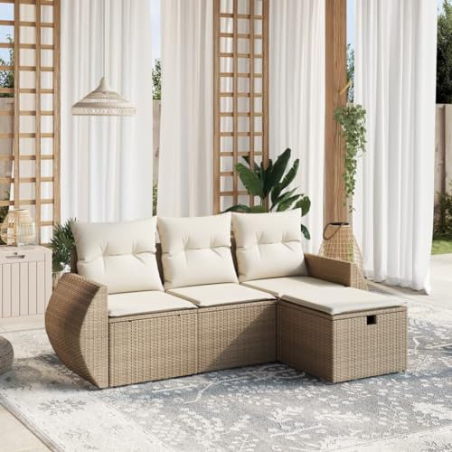 Rantry 4-TLG. Gartensofa Set mit Kissen Gartenlounge Loungesofa Gartenmöbel Ecklounge Ecksofa Balkonmöbel Sitzgruppe Loungemöbel für Garten Terrasse und Balkon Beige Poly Rattan