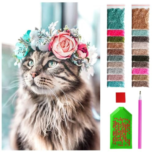 ARTULIO Diamond Painting Set - Katze im Blumenkranz - 40x60 cm - Groß XXL - 5D Diamant Painting Bilder DIY, Diamond Painting Erwachsene