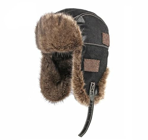 Russische Mütze Winter-Uschanka-Mütze Für Herren Und Damen, Pilotenflieger, Bomber, Trappermütze, Kunstfell, Weiches Leder, Schneekappe Mit Ohrenklappen, Russische Mütze, Schwarz, 2,58