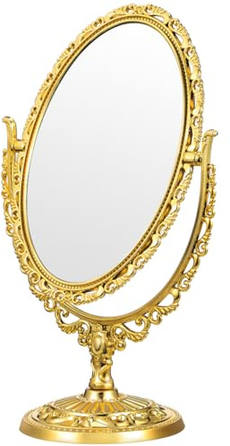 WOONEKY 1 Stück Goldener Schminkspiegel im Stehen, Vintage-Kosmetikspiegel, Klappspiegel für den Schreibtisch mit Ständer, rustikaler Standspiegel für Zuhause, Badezimmer, Schlafzimmer