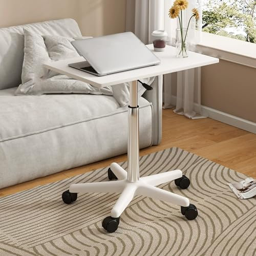 Beistelltisch mit Rollen Schwarz, Beistelltisch Aus Metall, Mobile Büro Nachttische, Höhenverstellbar, Stabil Ohne zu Wackeln, für Schlafzimmer, Wohnzimmer(White,60x39x85cm)