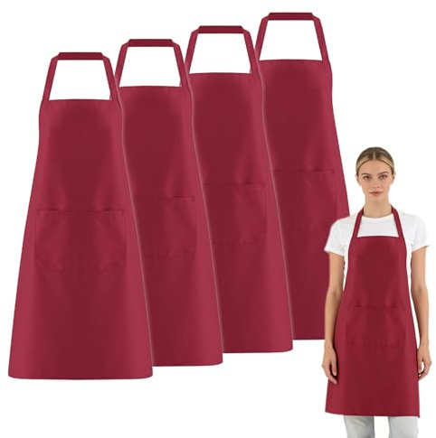 FUIPVGI 4 Piezas Chef Delantals, Delantal de Cocina Impermeable con 2 Bolsillos, Delantal de Barbacoa con Correas Largas para Cocinar Barbacoa Hornear Restaurante Jardinería (Vino tinto)