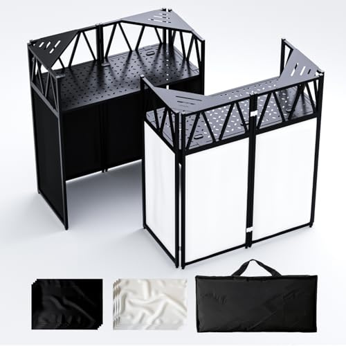 lunacme Portable DJ Booth Stand, 40 x 20 x 45 Foldable DJ Table with 8-Piece Black & White Lycra Scrim Facade, 200lbs Capacity Metal Event Booth with Corner Shelves, Cable Ports & Carry Bag