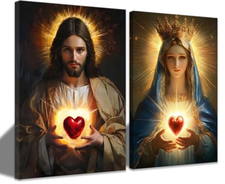CCWACPP Vergine Maria e Gesù Tela Immagine Sacro Cuore Cattolico Stampe da Parete Cristo Opera d'Arte 2 Pezzi Decorazione Religiosa da Parete per Chiesa incorniciato (30x40cmx2)