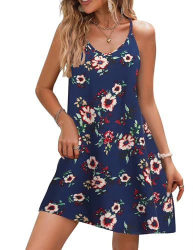 Zeagoo Abito estivo da donna boho con spalline sottili, sexy, senza maniche, da spiaggia, con fiori, per il tempo libero, Blu Navy Fiori, S