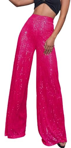 Glitzer Hose Damen Lang Silber Metallic Hose Große Größen Pailettenhose Elegant Schlaghose High Waist Glänzend-Ausgestellt Hosen Festlich Weite Beine Damenhosen Sparkly Trousers Pailletten Hose