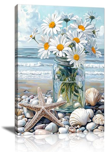 Beach White Flowers in the Vase Framed Canvas Wall Art, Elegant Blue Coastal Scenery Wall Pictures Printed Poster Painting on Canvas Wall Decor for Bedroom Living Room Bathroom Ready to Hang 30×40cm