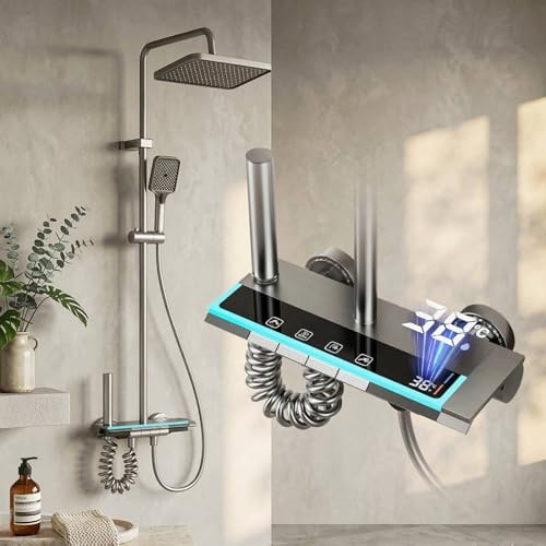 Bostar Columna Ducha con Pantalla Digital LED, 4 Modos Cabezal de Ducha de Lluvia con Grifo, Control Mediante Botones Elegantes Altura Regulable 70-103cm, Gris Titanio (Gris titanio)