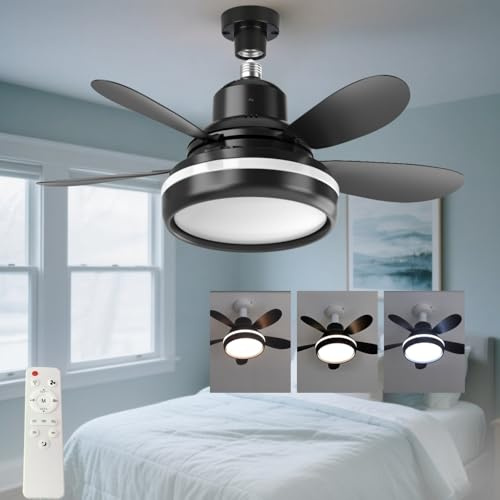 SPARKSOR Plug in Ceiling Fan Light with Remote Control Small Bayonet Screw in Bedroom Ceiling Fan, Energy Efficient Quiet, 55cm, Black