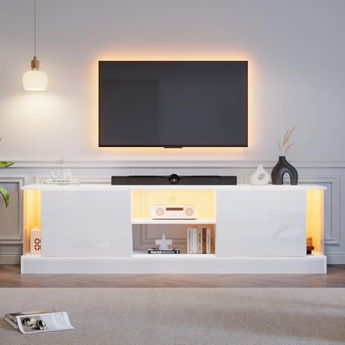 Meuble TV Blanc Brillant pour Téléviseurs Jusqu'à 178 cm (70),Support TV sur Pied avec Éclairage LED,Armoire Télé Moderne pour Salon