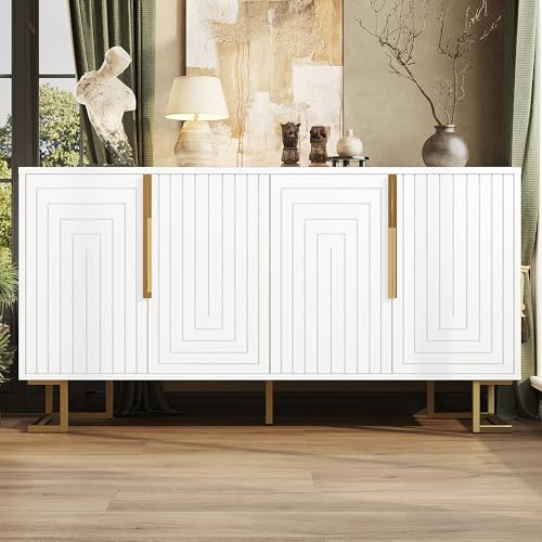 Gxffipw Sideboard Wohnzimmer mit 4 Türen und Geometrische Textur, Buffetschrank mit Goldene Griffe und Goldene Füße, Vorratsschrank Wohnzimmerschrank, Wohnzimmer Möbel, Weiß, 152x40x75 cm