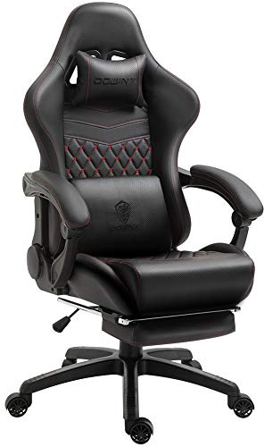 Dowinx Luxuriöser Gaming Stuhl Ergonomisch aus PU Leder mit Boutis-Steppung, Massage-Lendenstütze & Fußstütze, Verstellbarer Bürostuhl 90°-170°, Belastbar bis 200kg, Für Homeoffice & Gaming, Schwarz