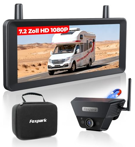 Solar Rückfahrkamera Kabellose 7,2 Zoll 1080P HD Split Screen Monitor | Starkem Signal Schnelle 1 Min Installation DVR Aufnahme Tragetasche Rückfahrkameras für Wohnmobil, LKW, Anhänger, Camper