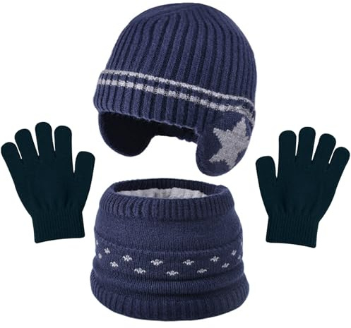 KASESSS 3 Pezzi Bambini Cappelli Invernali Guanti Sciarpa Set, Cappello Bambino con Paraorecchie, Pile Collo Scaldacollo, Inverno Berretto Guanti Set in Caldo Tessuto per Ragazzi Ragazze 3-7 Anni