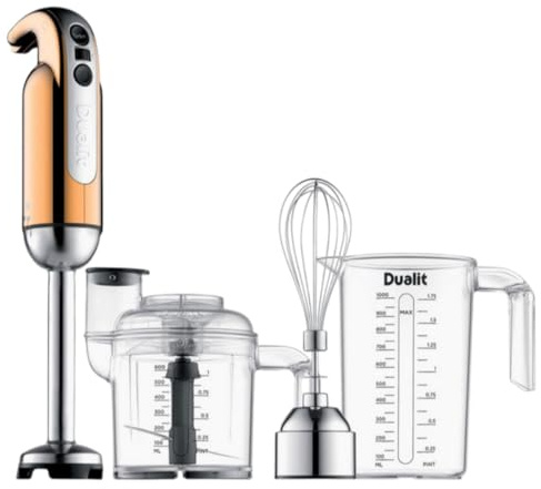 Dualit CLASSIC Stabmixer Set 700 W, Pürierstab mit Turbo, Anti-Saug | Kupfer, Edelstahl-Kunststoff-Gehäuse, Tritan-Behälter, Zerkleinerungsschüssel, Schneebesenaufsatz, spülmaschinengeeignet