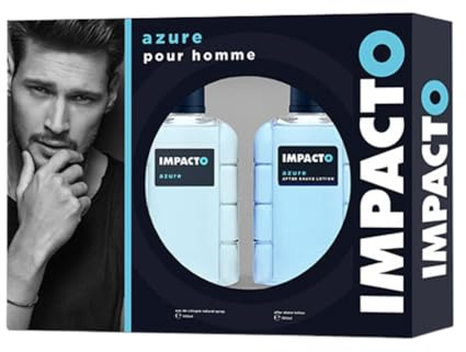 IMPACTO - Azure Agua de Colonia 100 ml + After Shave 100 ml, Estuche de Regalo Hombre, Pack 2 Piezas, Eau de Toilette Natural y Masculina, Aroma Amaderado, Fragancia Fresca, Atrayente y Duradera