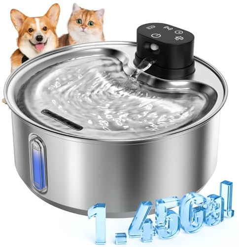 WILKIEE Katzenbrunnen Edelstahl, 5,5 L Trinkbrunnen für Hund Kabellos, 5000mAh Akku katzenbrunnen mit bewegungsmelder, leiser Wasserpumpe, Für Katzen & Kleine Hunde, mit 1 Satz Filter,Schwarz