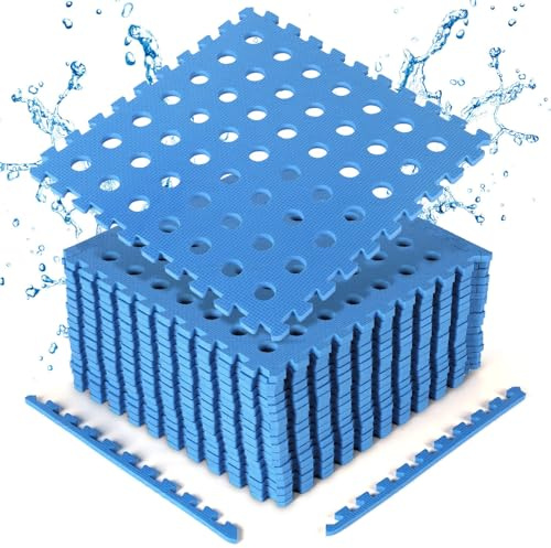 Jaxguom Poolunderlag, utomhus, 8,64 m², 41 x 41 cm, poolmattor, skyddsgolv med hål, halkfri golvskyddsmatta, pool, värmeisolerande, utbyggbar för bubbelpool, plaskbassäng, 54 stycken, blå