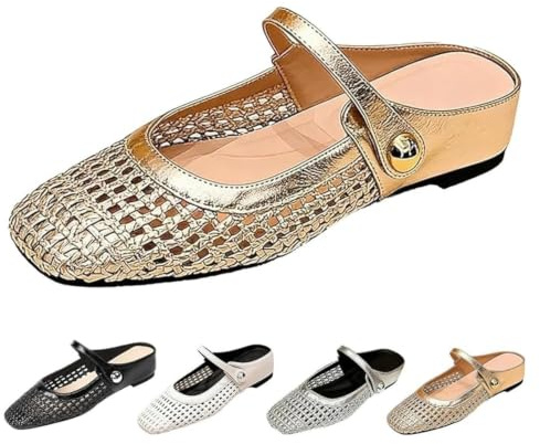 ZDOUXUAN Ballerine Da Donna In Rete, Scarpe Basse Casual Intrecciate Con Punta Quadrata Da Donna, Zoccoli Estivi Eleganti Senza Schienale Alla Moda(Gold,39 EU)