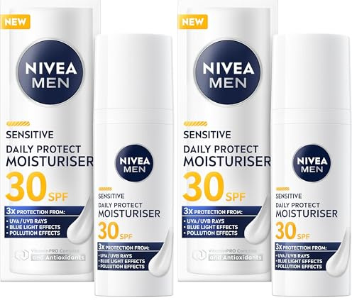 NIVEA MEN Sensitive Daily Protect Moisturiser SPF 30 (50ml), Moisturising Men's Face Cream Suitable For Sensitive Skin, Lightweight Face Moisturiser with UV Protection, Non-Greasy Formula (Pack of 2)