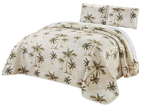 Grand Linen 3-Piece Fine Printed Oversize (115 X 92 Inch) Tropical Palm Tree King Size Quilt Set Reversible Bedspread Coverlet Bed Cover (Beige, Sage Green, Brown)