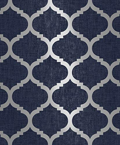 Navy Blue Wallpaper Trellis Geometric Metallic Textured Silver Wallpaper Feature Wall