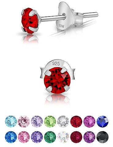 Pendientes de Botón Plata Ley 925 on Cristales Brillantes Rojos - Pendientes Pequeños Mujer Plata 925 - Punto de Luz Hipoalergénicos sin Niquel - Diámetro 4 mm