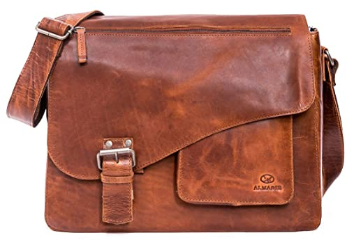 ALMADIH Leder Umhängetasche JON No.2 Premium Rindsleder BD - Ledertasche mit Laptop Fach 15 Zoll Aktentasche Messenger Unitasche Schultertasche Freizeittasche Tragetasche vintage braun (JON 2 deluxe)
