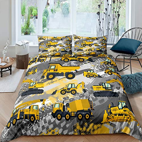 Feelyou Bettwäscheset für Jungen mit Cartoon-Motiv, Doppelgröße, Kinder-Baufahrzeuge, Bettdeckenbezug, Kinder, Cartoon-Maschinen, LKW-Bettbezug, Baustelle, Autos, Tagesdecke, Queen-Size-Größe 3-teilig