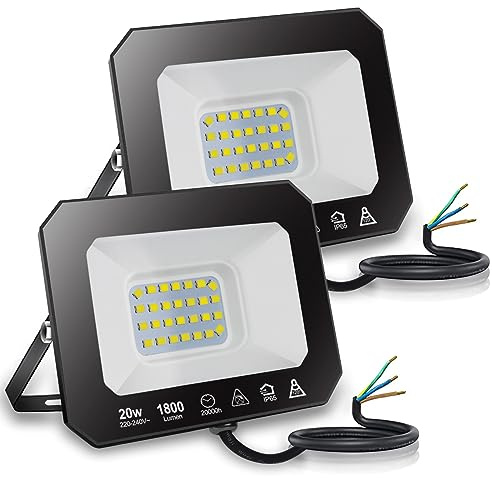 EXTRASTAR 20W LED Floodlight Outdoor, 1800LM Super Bright LED Security Lights, IP65 Waterproof Flood Light Wall Lights for Garden, Garage, Warehouse, Backyard and More - 6500K Daylight, 2 Pack