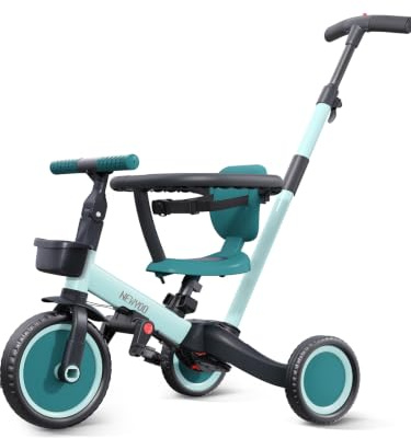 newyoo TR008 Triciclo Evolutivo 5 en 1 para Niños 1-3 Años con Barra de Seguridad y Varilla de Empuje, Regalo de Cumpleaños para Niños y Niñas, Bicicleta de Equilibrio y Juguete Montable, Verde