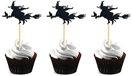 Arthsdite 24 Stück Hexen-Cupcake-Aufsätze, schwarz, glitzernd, Halloween-Party-Dekoration, Halloween-Cupcake-Picks, Geburtstagstorten-Dekoration.