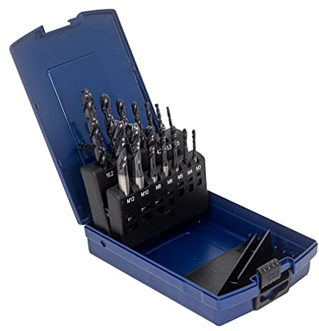 WSH-TOOLS Lot de 14 tarauds pour machine à trou borgné M3, M4, M5, M6, M8, M10, M12 HSSE-Co5 - Boîte en plastique TiAlN