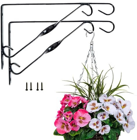 Set of 2 x Black Metal Plastic Coated Single Twist Hanging Basket Bracket 12in/30cm