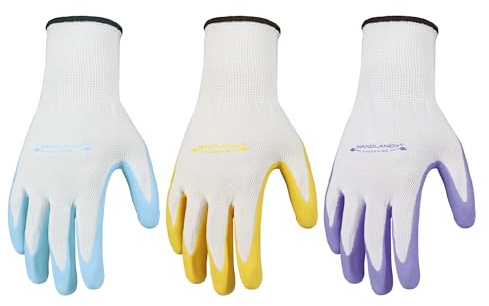 HANDLANDY 3 Paar Gartenhandschuhe für Frauen Latexfrei, Atmungsaktiv Nitrilbeschichtet Sicherer Griff Gartenhandschuhe Gartenarbeitshandschuhe (3, S)
