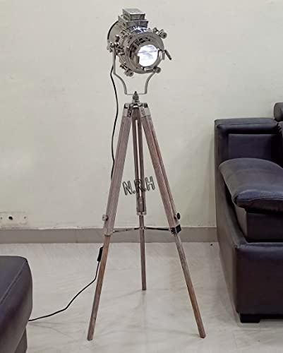 Lampadaire trépied industriel lourd et beau finition chromée avec base en bois