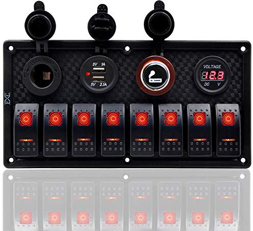 TOTMOX 12V-24V 8 Gang Panneau de Commande de Commutateur LED pour Voiture TV Caravane Bateau Marine Yacht, Panneau de Chargeur Allume-Cigare USB avec Protection Contre Les Surcharges, Rouge