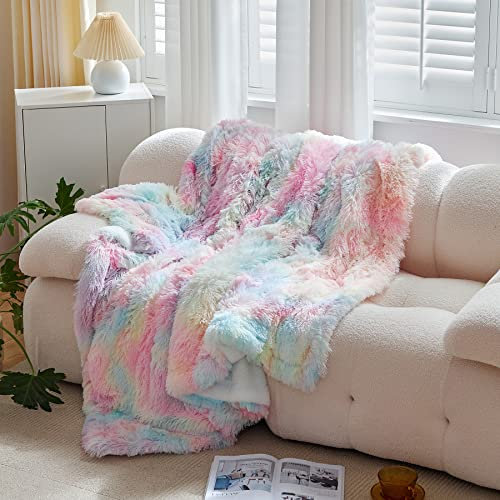 Wajade Kunstfelldecke – Sherpa Schafdecke – Comfort Luxuriöse Flauschige Kuscheldecke – weiche Decke für Couch und Bett – 160 x 200 cm – Regenbogen