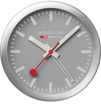 Mondaine A997MCAL86SBV Mini Wall Clock and Alarm Clock with Silver Aluminium Case Grey Dial Diameter 12.5 cm