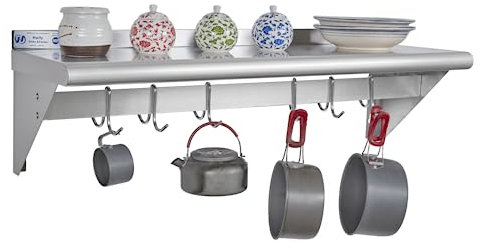 Hally Stainless Steel Shelf with 6 Hooks 12x36 Wall Mounted Pot Rack NSF