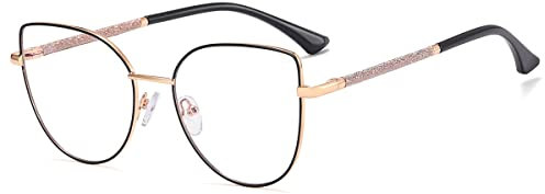 kachawoo Frauen Cat Eye Brillen Rahmen Anti Blaulicht Brillen Metall Big Frame Brillen Mädchen (black gold frame)