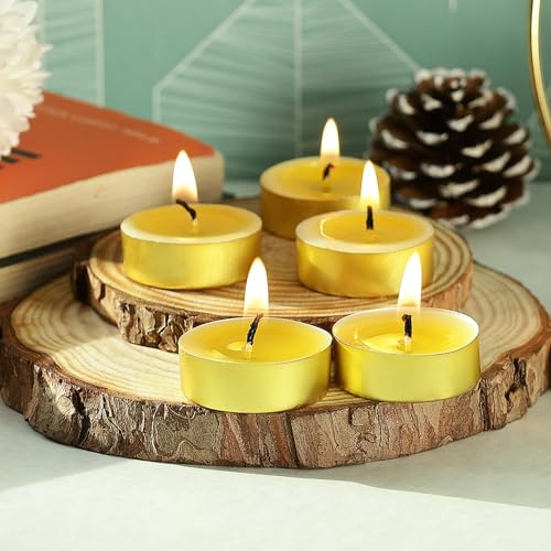Welburn Veda&Co™ Candele tealight al ghee, confezione da 100, fino a 4 ore di combustione, set di candele al burro di burro di mucca puro in una bella tazza color oro per meditazione, cerimonie,